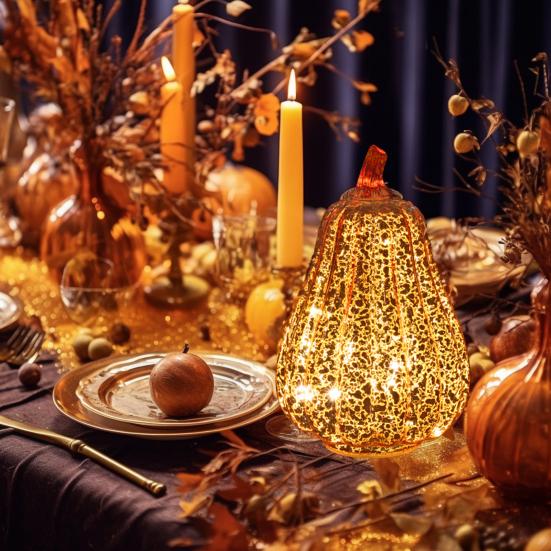 Glass Pumpkin Lights LED Lighted Pumpkin Fall Thanksgiving Table Centerpiece for Bedroom Bathroom Hallway Home Decoration
