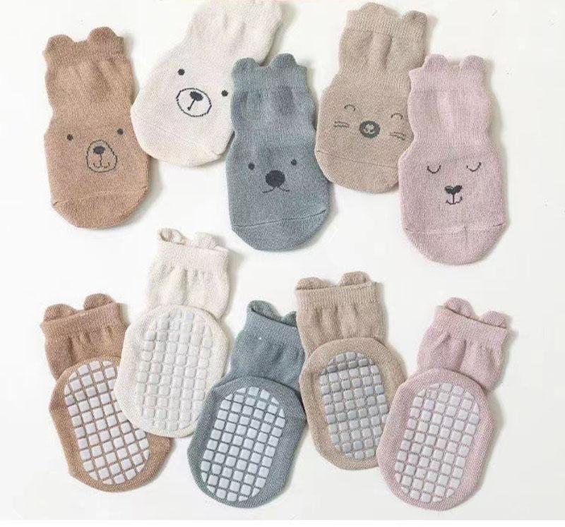 5 Pairs Cartoon Baby Floor Socks 0-3Y Infant Girls Bear Anti Slip Walking Stockings Toddler 4 Seasons Tube Socks Accessories