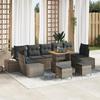 10-piece Garden Sofa Set with Grey Poly Rattan Acacia Cushions, 2-seater Garden Sofa with Storage 3364723