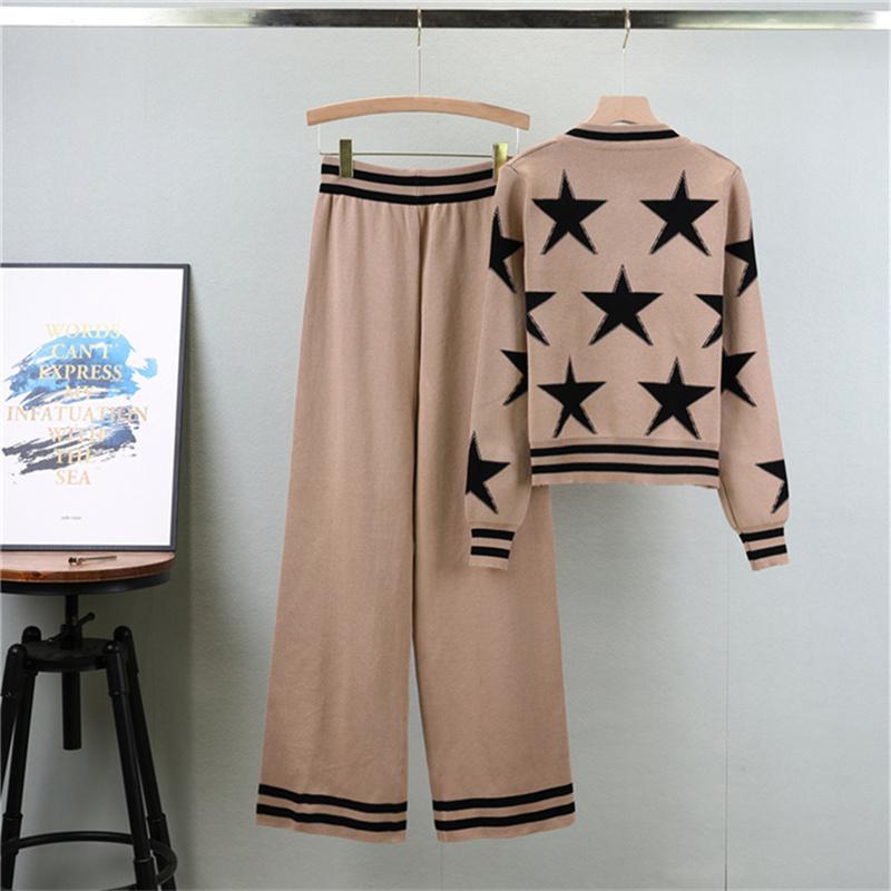 Women's Autumn Fashion Round Neck Knitted Cardigan Set Wide Leg Pants Sports Two Piece Set