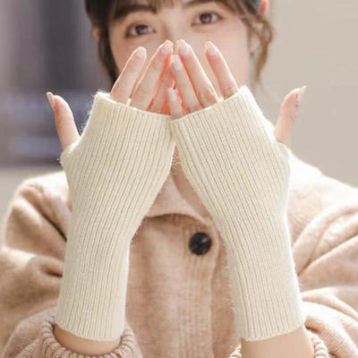 1 Pair Autumn Winter Short Arm Sleeves Half Finger Gloves For Women Solid Color Knitted Fingerless Gloves Hand Warmer Mittens