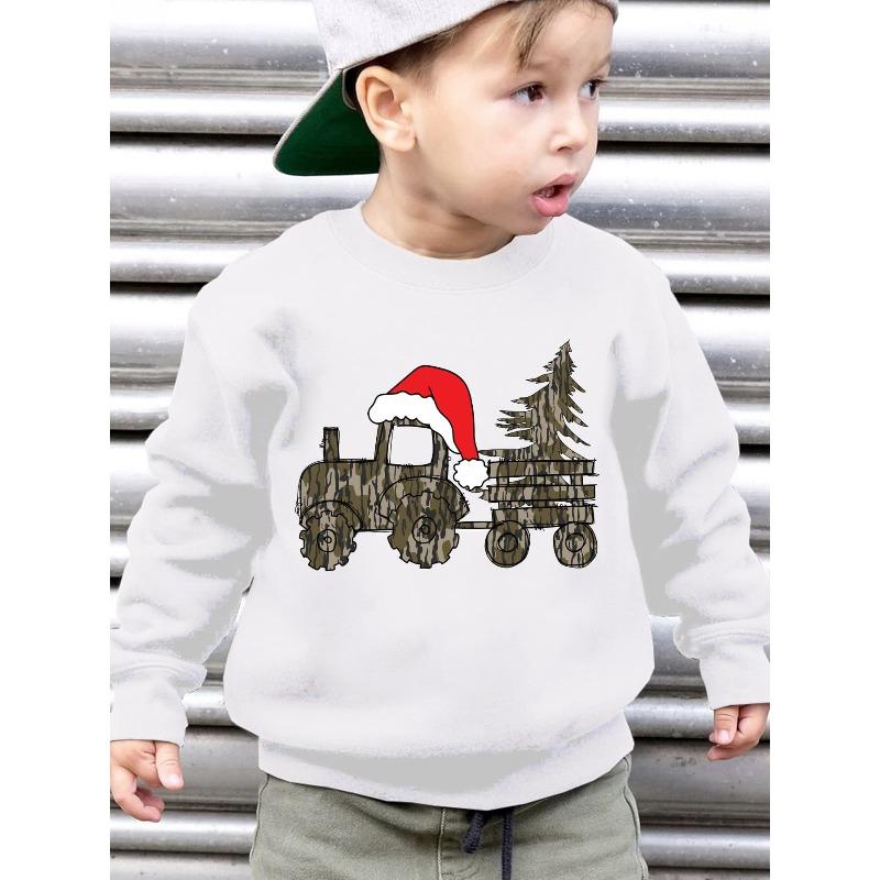 European Size Boys' Christmas Autumn/Winter Fashion -Lined Crew Neck Brushed Sweatshirt, Long Sleeves, and Cartoon Tractor Wearing a Santa Hat Print