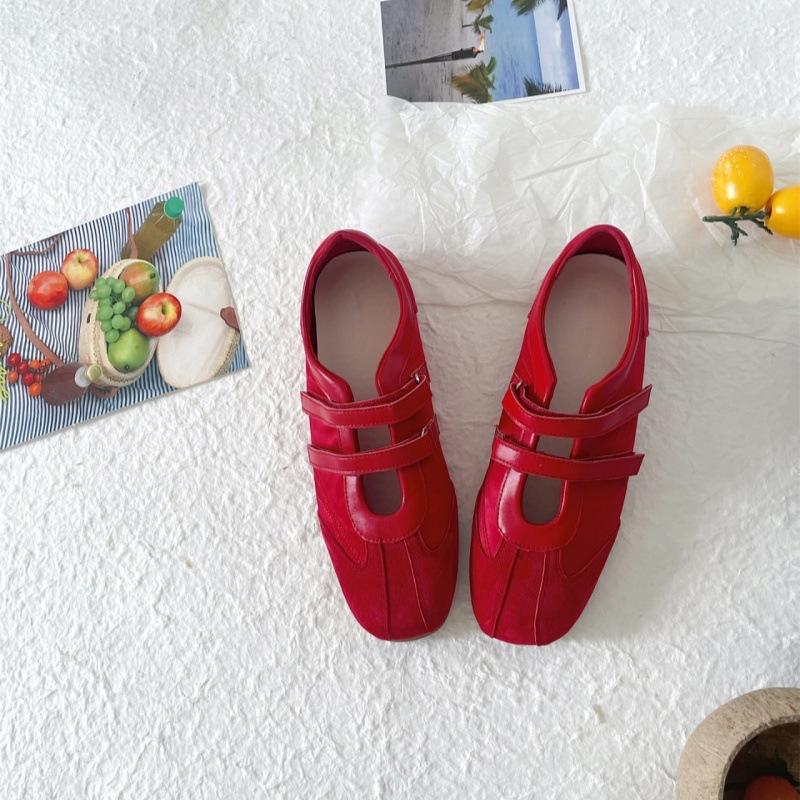 

Suding Home, Silk Double Belt Sports Ballet Shoes 2025 New Spring and Autumn Shallow Mouth Flat Bottom Leather Single Shoes Women 40 червоний