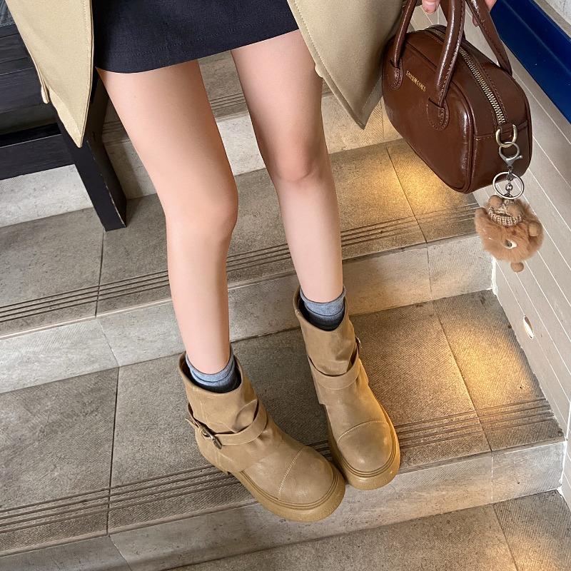 Spice girls short boots autumn new pleated stacked flat boots western cowboy boots women's martin boots
