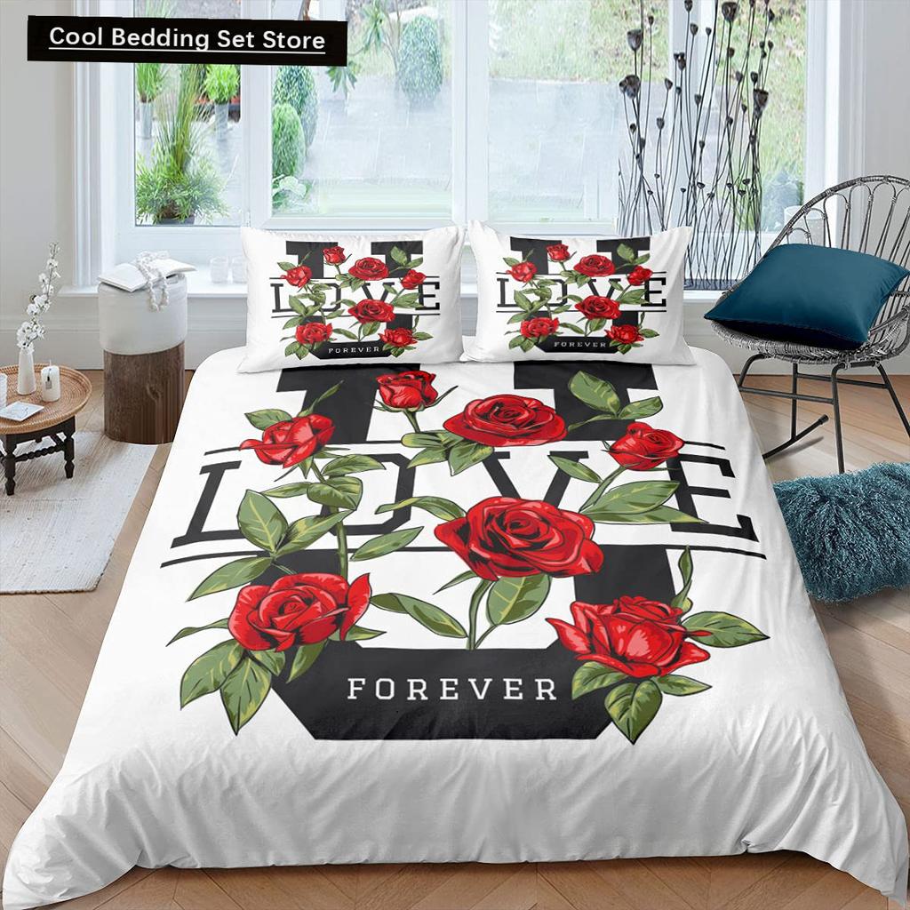 Valentine'S Day Rose King Queen Duvet Cover Red White Floral Bedding Set Romantic Flowers Quilt Cover Polyester Comforter Cover