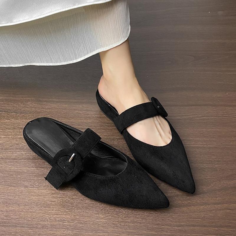 Mode Mode Hausschuhe Herbst Neu Spitz Zehenbereich Flach Wildleder Gerader Riemen Weiche Sohle Rutschfest Niedriger Absatz Umwickter Kopf Halbschlappen