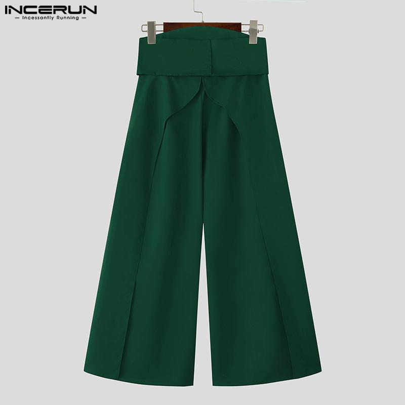 INCERUN Men High Waist Casual Long Splits Wide Legs Pants Trousers