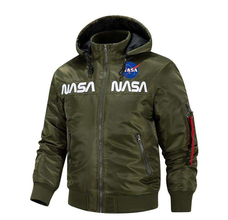 Men's Winter Hooded Padded Bomber Jacket Embroidered Quilted Flight Coat Loose Fit Casual Streetwear