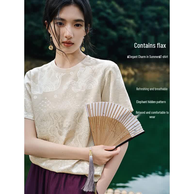 XWI Women s New Chinese Style Jacquard Linen Blend T-Shirt XL