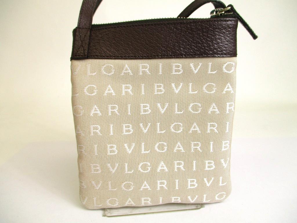 Authentic BVLGARI Logo Mania Beige Canvas Brown Leather Crossbody Bag Pouch #a888  Refurbished