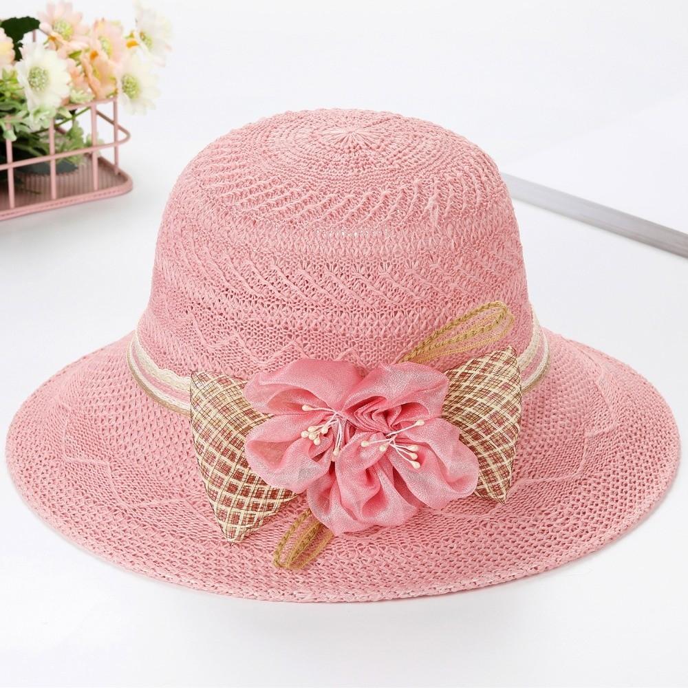 Women Fashion Wide Brim Straw Hat Bow Flowers Foldable Sunscreen Beach Hat Sun Protection Leisure Bucket Hat Women