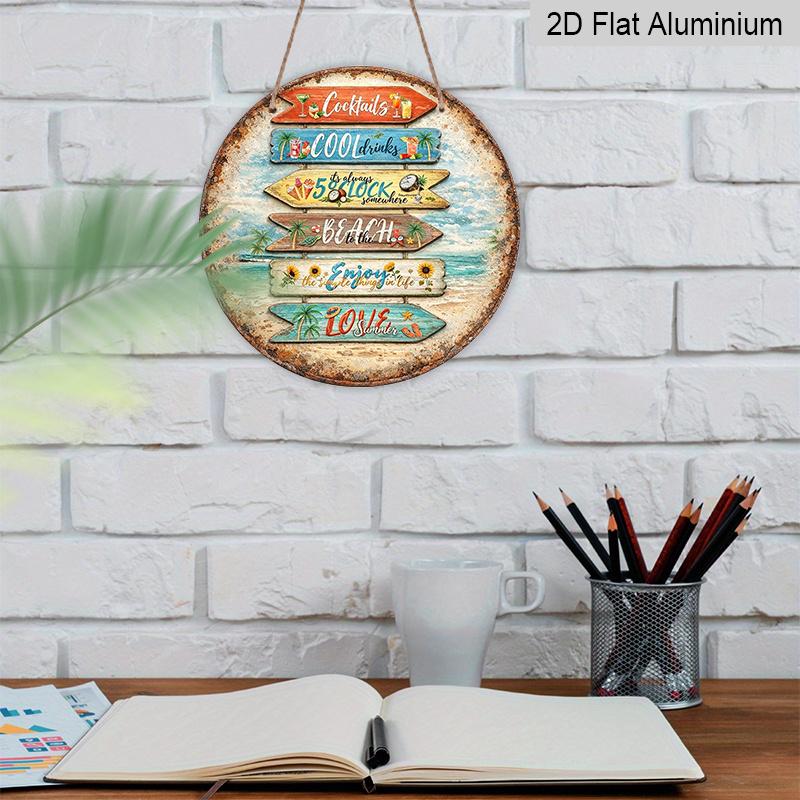 2D Flat, 1pc Round Aluminum Hanging Sign, "Cocktails Cool Drinks 5 O'Clock Somewhere" Tropical Beach Directional Wall Art, Vintage Summer Beach Bar