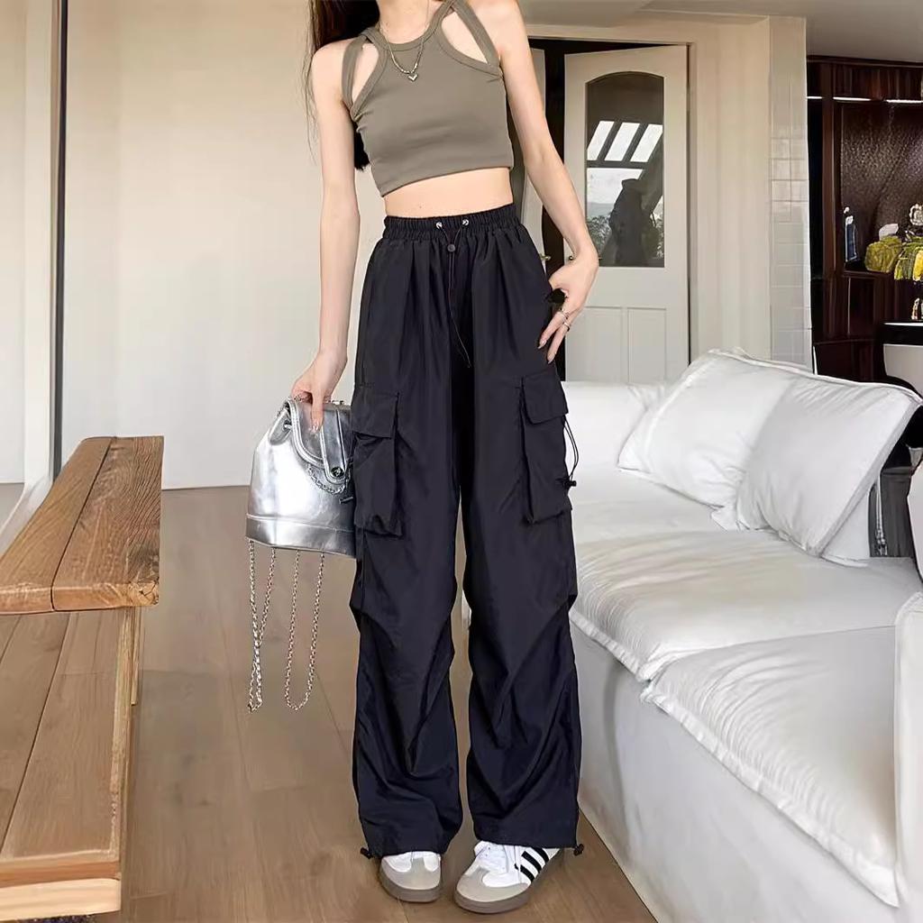 Women High Waist Wide Leg Cargo Pants Thin Drawstring Multi Pocket Loose Casual Outdoor Trousers