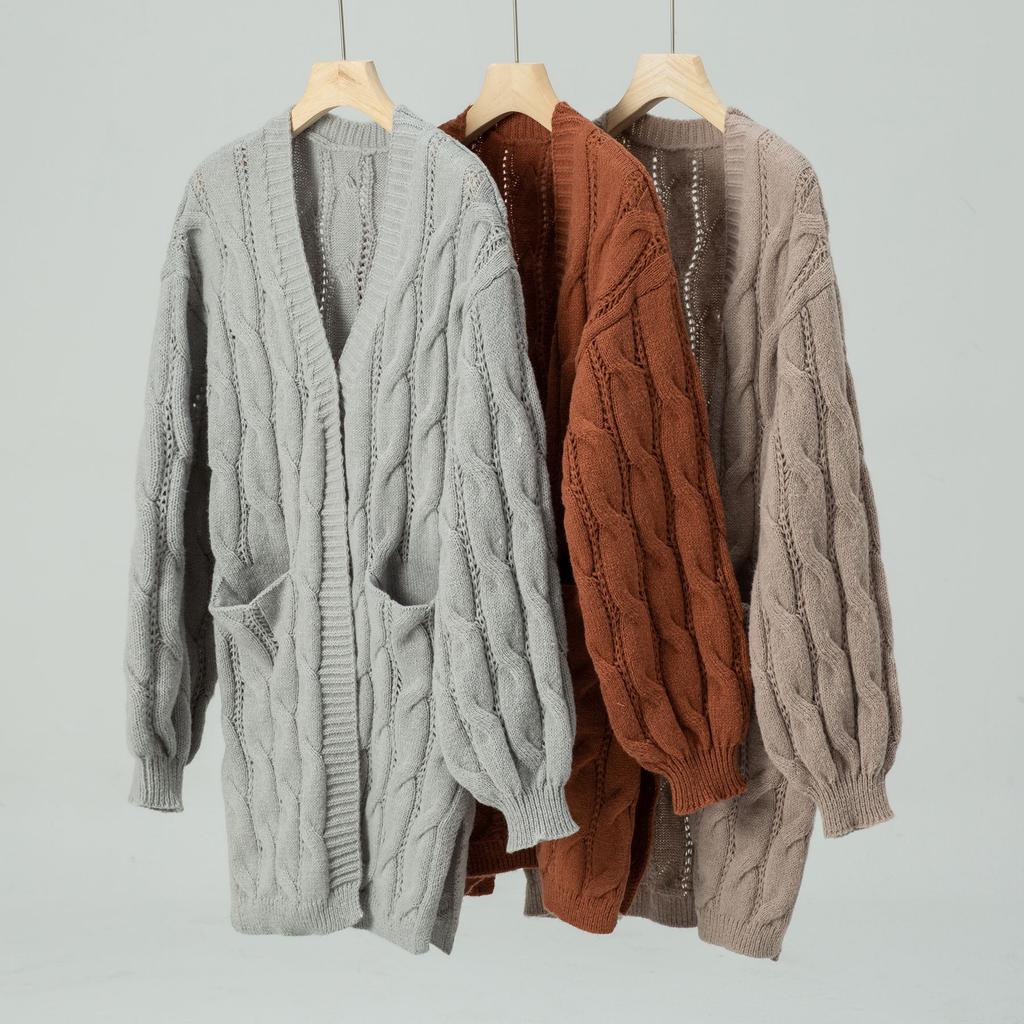 Autumn & Winter New Fashion Casual Fried Dough Twists Knot Knitted Cardigan Women's Vintage Loose Medium Length Sweater Coat