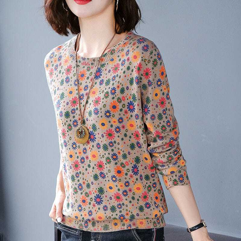 Casual Vintage Floral Printed Jumpers Women's Clothing O-Neck Autumn Winter Stylish Screw Thread Korean Loose Knitted Sweaters