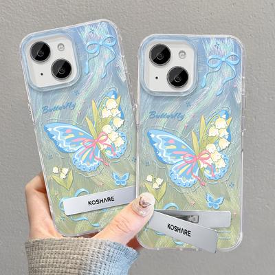 Applicable To Apple 15 Mobile Phone Case Iphone14 Blue Butterfly Stand 13pm Feather Yarn Laser IMD12 Soft Edge X