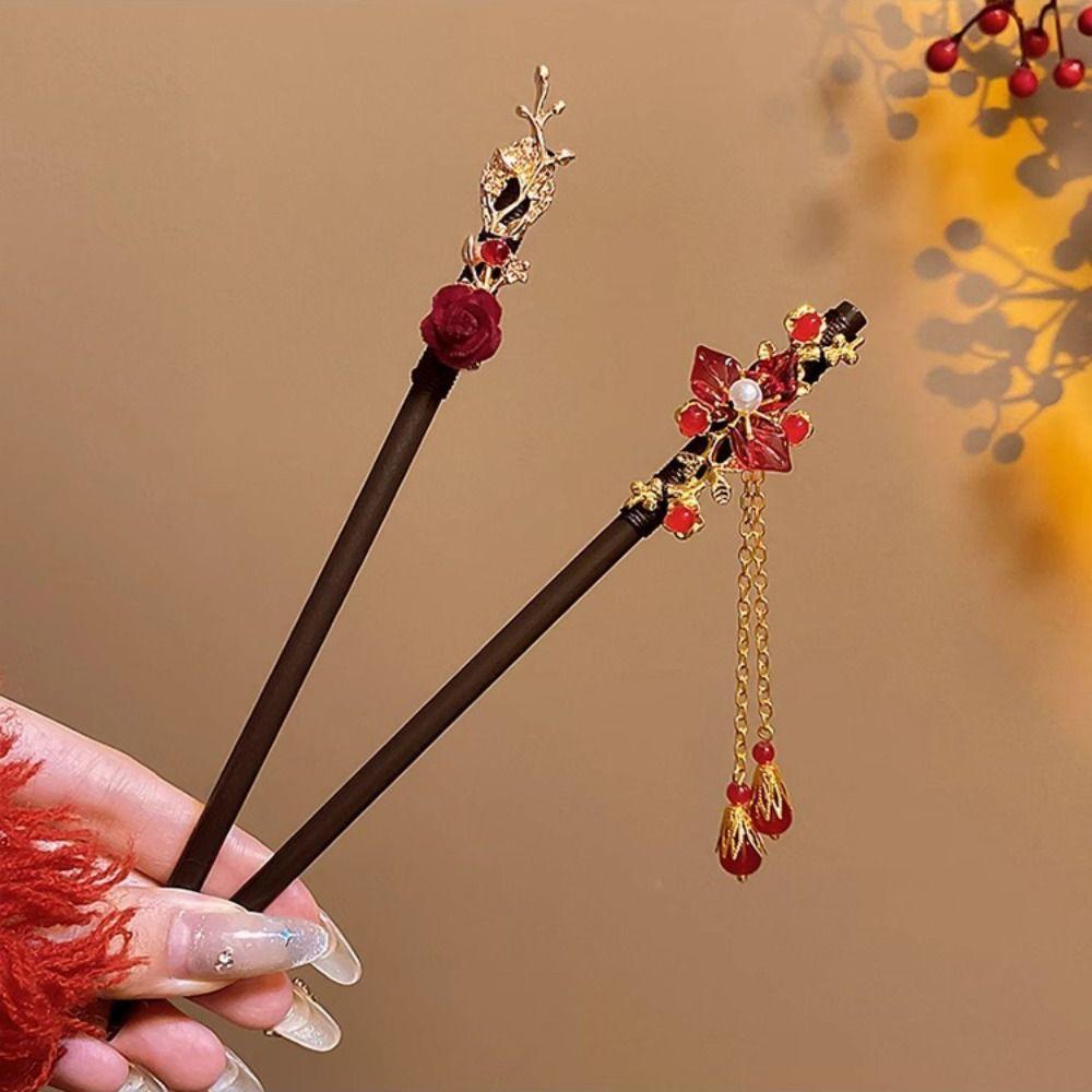 Flower Wooden Hair Stick Tassel Hanfu Hairpin Classical   Cheongsam Accessories
