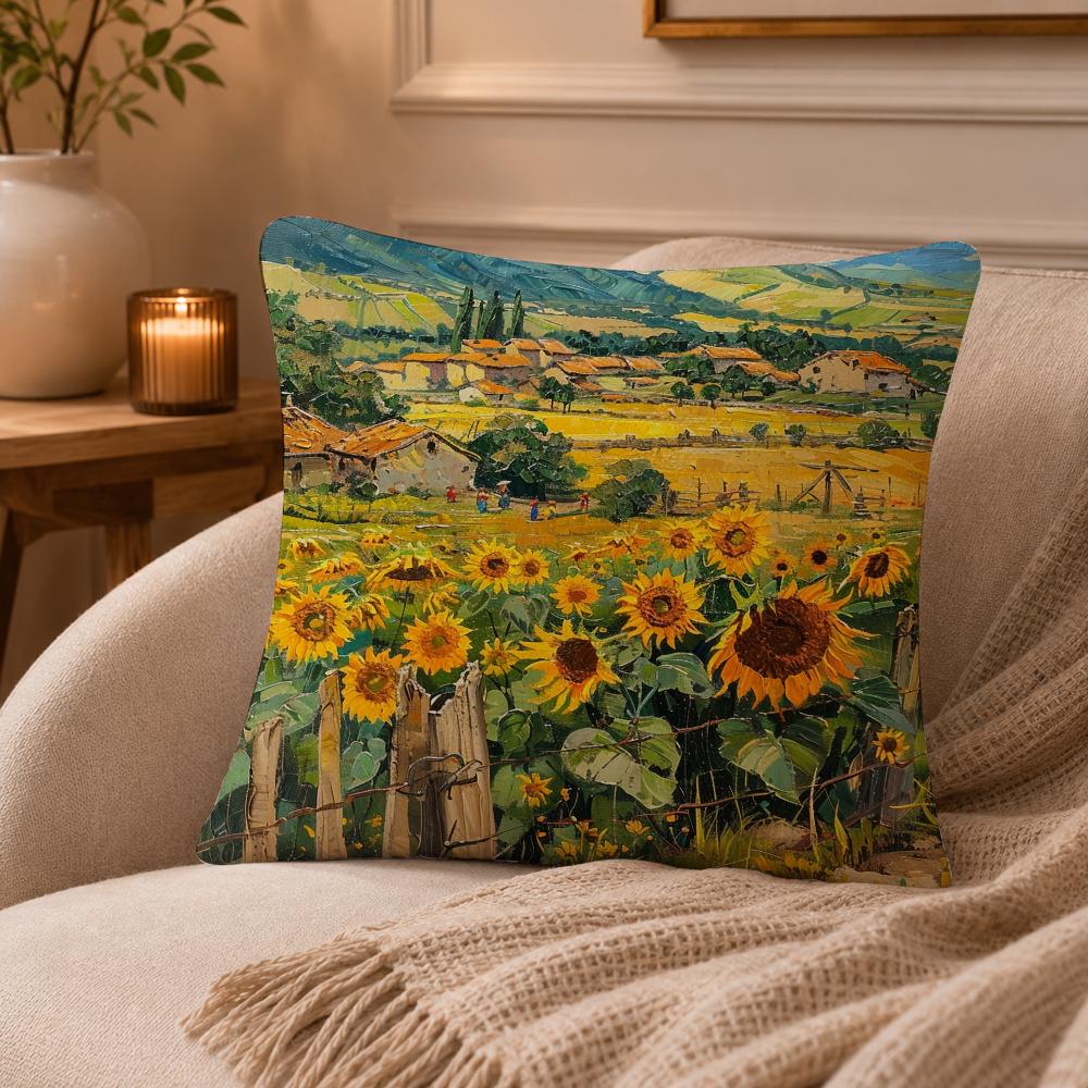 Landscape painting style Cushion Cover Anti-dustmite Pillowcase Invisible zipper silky short plush Sofa cushion cover