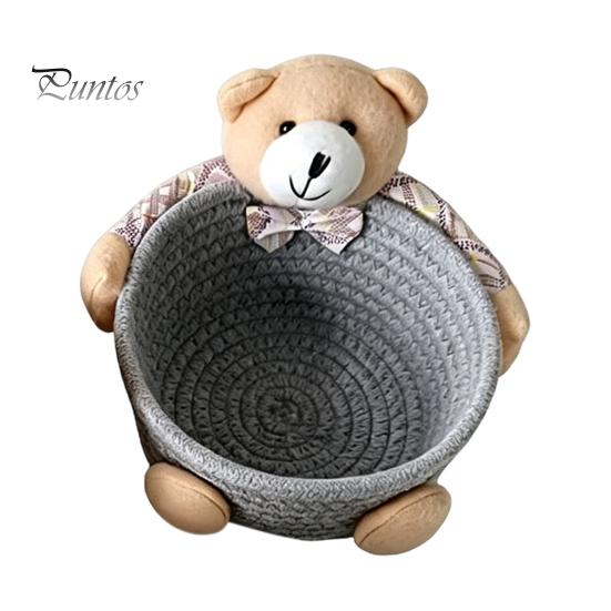 Gentle Color Storage Basket Desktop Basket, Cartoon Plush Bear And Rabbit Rope Decorative Plaid Bow Organizer Shape, Woven for Small Items Jewelry