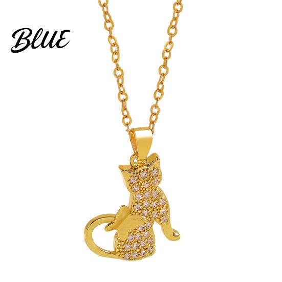 Cat Butterfly Necklace Pendant Cubic Zirconia Cute Kitty Stylish Animal