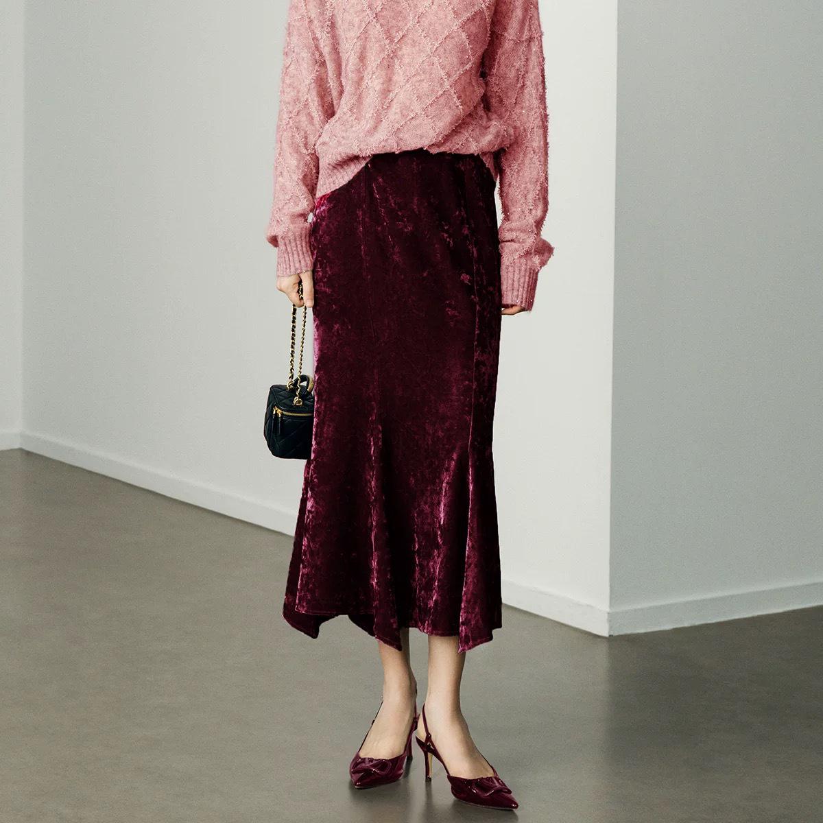 

Women s Purple Velvet Fishtail Skirt: Irregular Draped A-Line for Autumn/Winter L for 57-62 kg