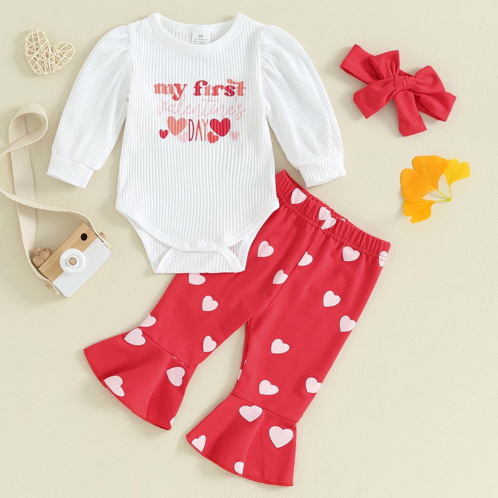 Baby Girls Autumn Outfit Sets White Long Sleeve Letter Print Romper + Heart Print Flared Pants + Headband