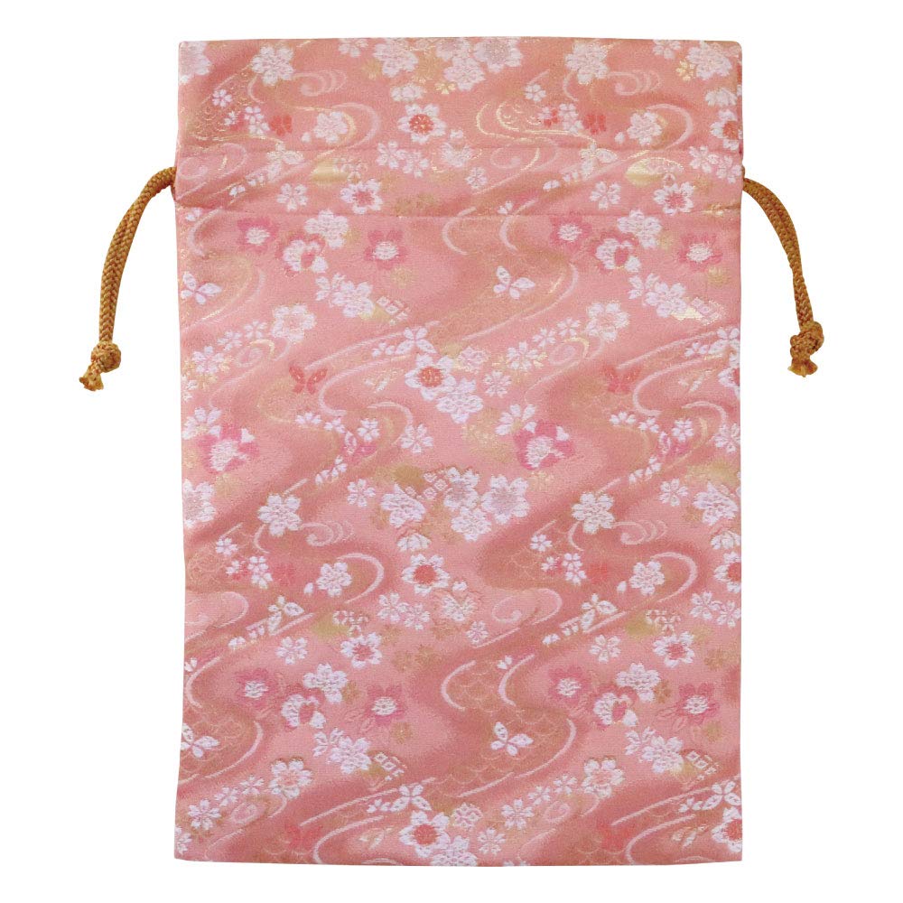Săculeț cu șnur din brocart auriu Nishijin-ori (Flori mici de apă curgătoare (Roz pal))