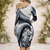 Women Plus Size Asymmetrical Cold Shoulder Long Sleeve Printed Green Black Bodycon Dress