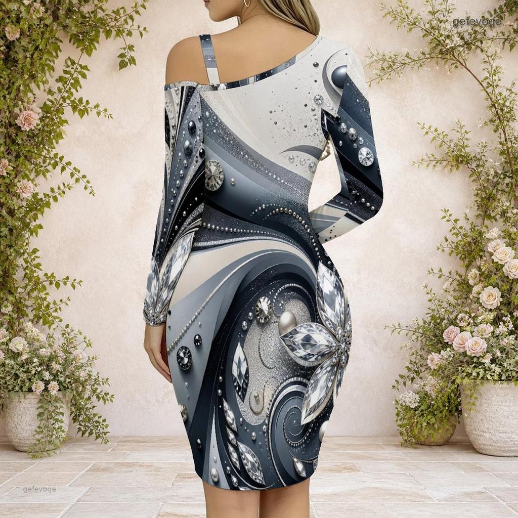 Women Plus Size Asymmetrical Cold Shoulder Long Sleeve Printed Green Black Bodycon Dress