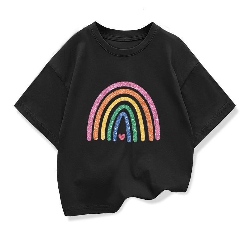 Baby Girl Summer White Clothes Kid Girls Casual Rainbow Printed Tshirts Children Fashion Crew Neck Short Sleeve Top