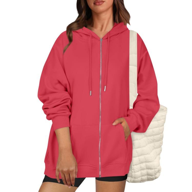 Casual Women Loose Hooded Zip Pocket Sweatshirt Jacket Fashion Top