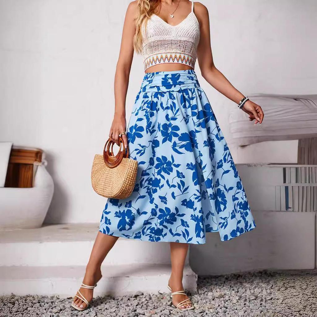 Women Spring Floral Print Skirt Summer Casual A-Line High Waist Middle Long Split Skirts S-XL