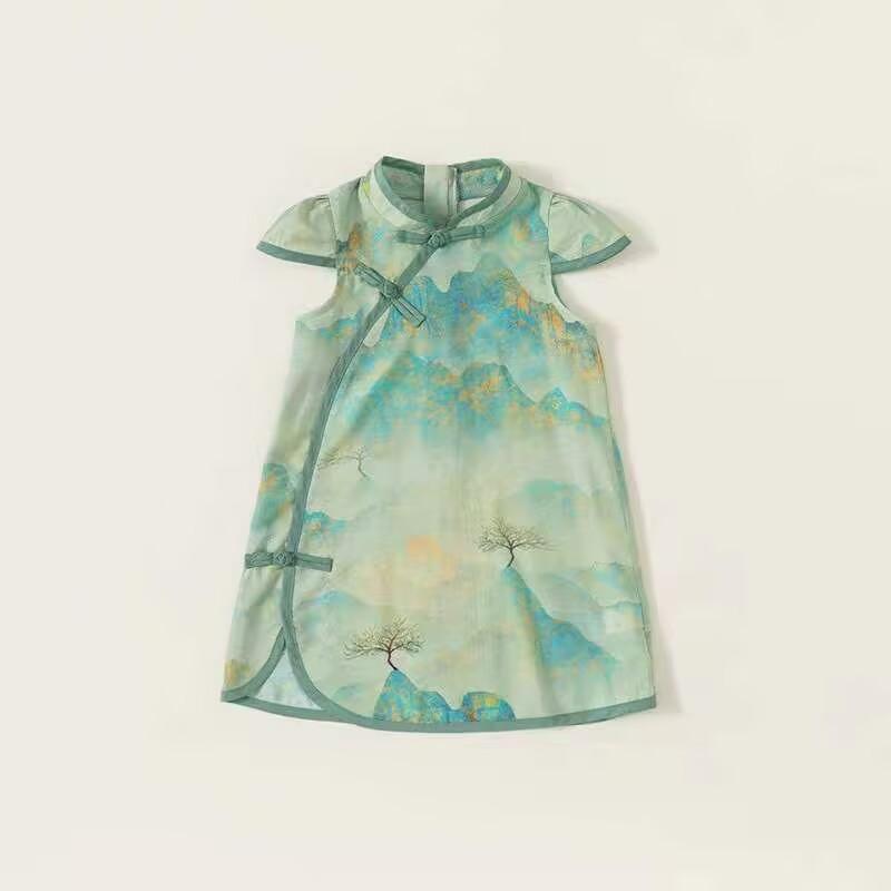 New Chinese Girls Summer Short Sleeve Qipao Dress Landscape Print Traditional Hanfu Inspired Party Dress For Kids 90cm
