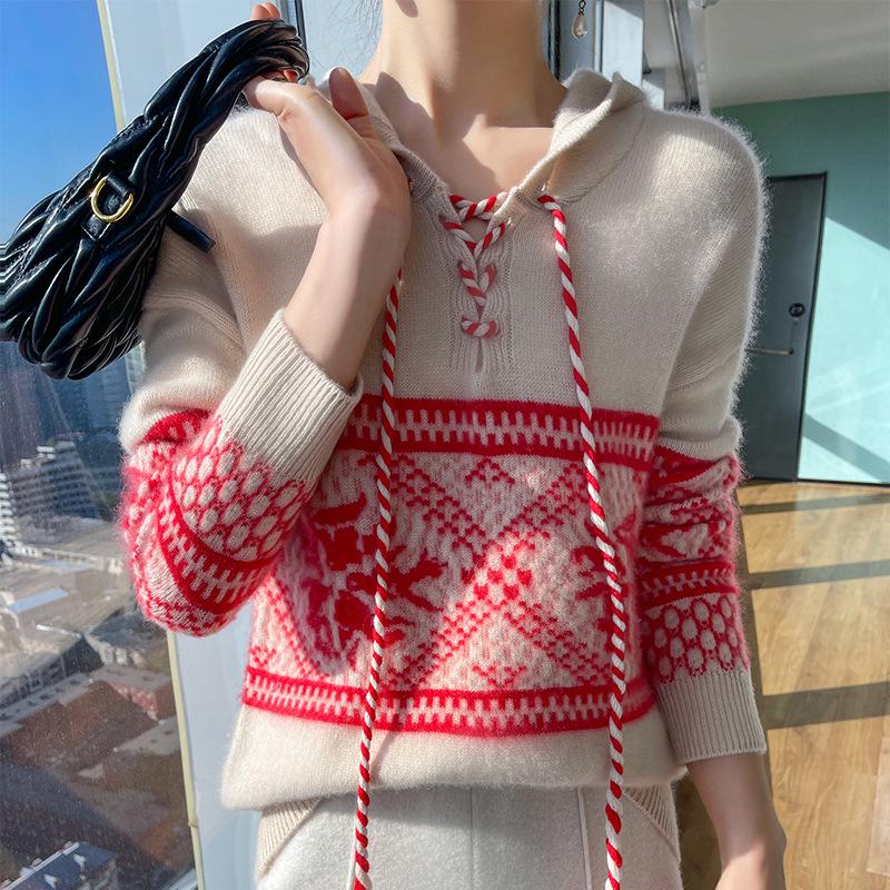 Women's 100% Pure Wool Color Block Hooded Pullover – Thickened Australian Knit Base Layer for Autumn/Winter
