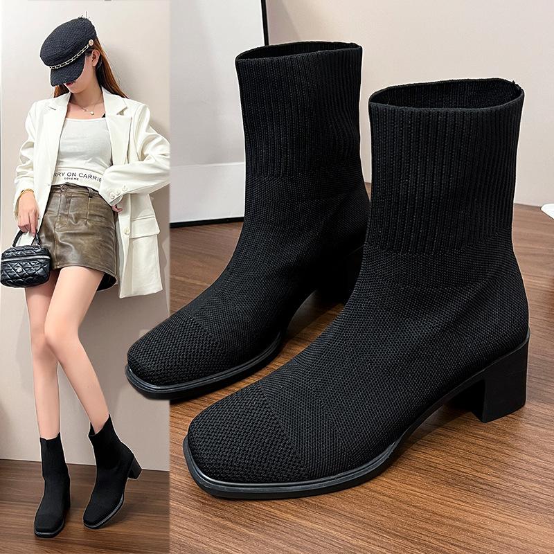 New Medium Socks Boots Pointed Fly-woven Short Boots Waterproof Table Heightening Boots Japanese Princess Boots Fashion Boots