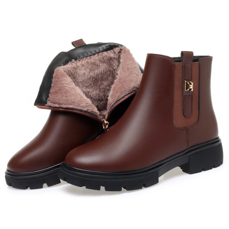 Mom Cotton Shoes Thick Heel Women's Cotton Leather Shoes Soft Sole Middle Heel Short Boots Non-slip    and Elderly Women's Shoes Cotton Boots