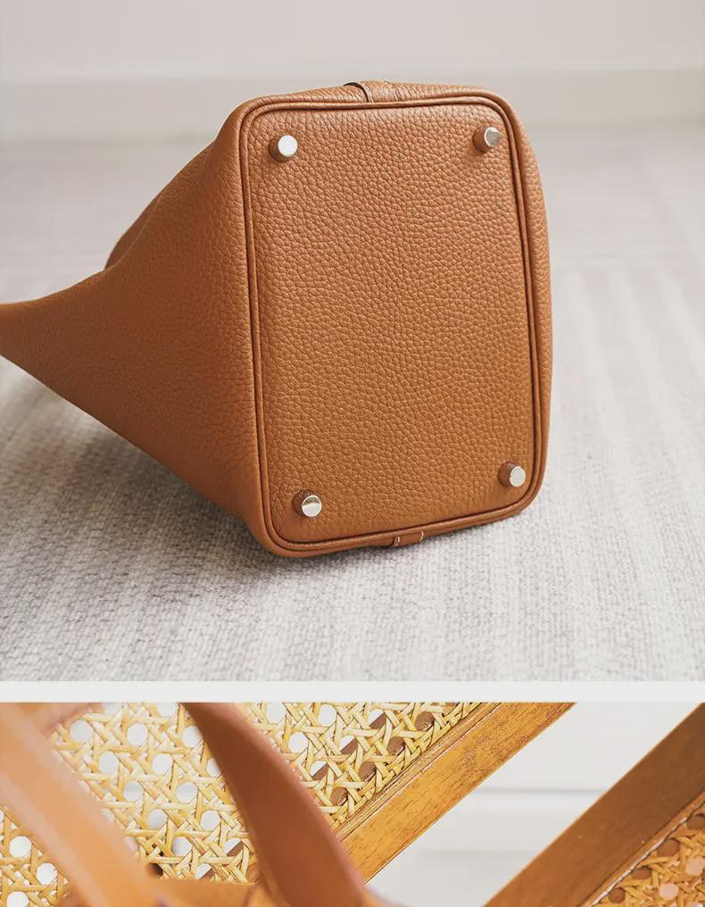 Black Genuine Leather Lychee Pattern Bucket Tote Bag for Women