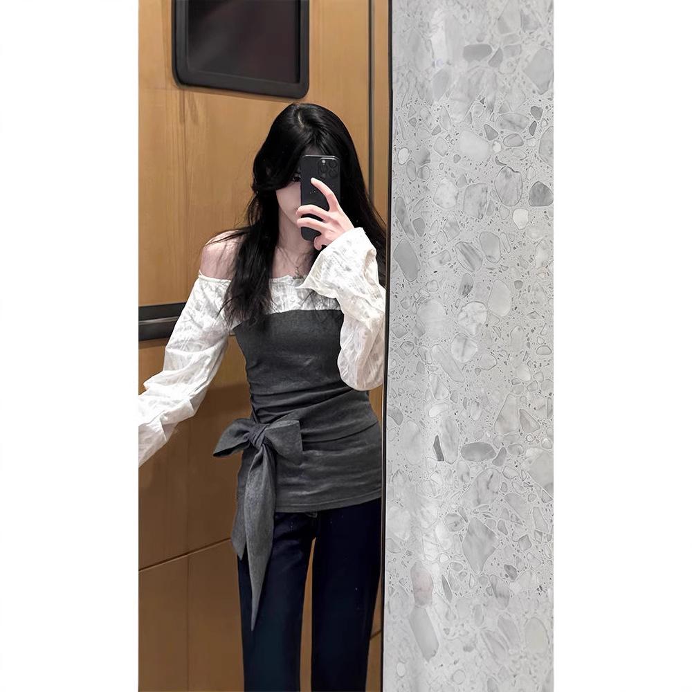 

French-Korean Off-Shoulder Lace Colorblock Cinched Waist Bowknot Two-Piece Women s Slimming Spring Top Small сірий колір