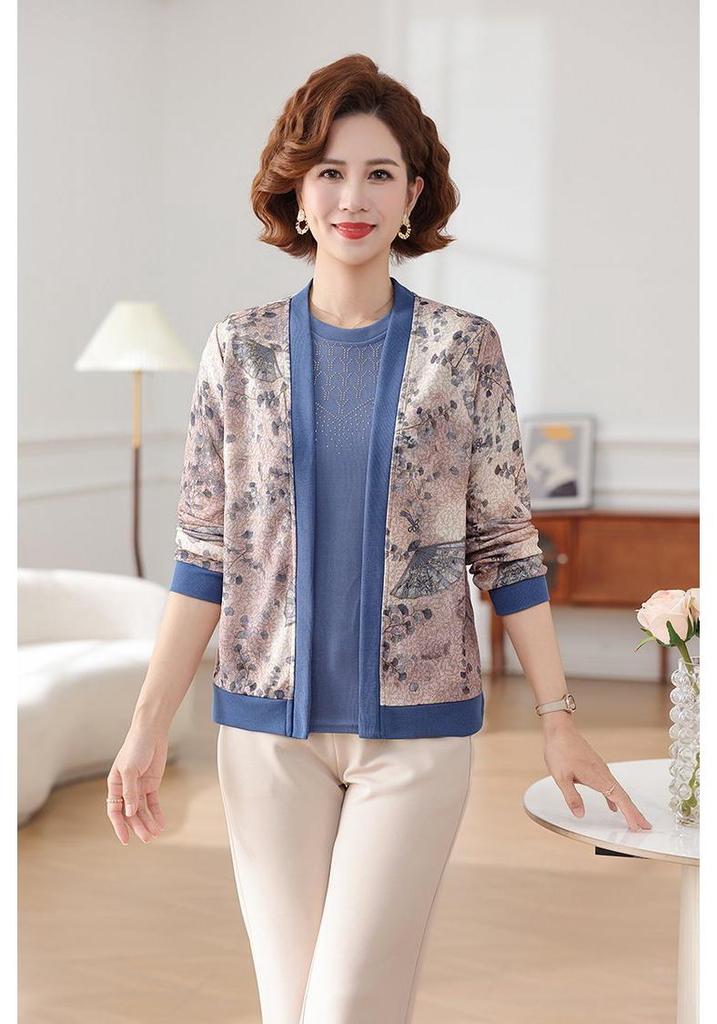 Middle-aged Women's Spring/Fall Knit Cardigan & T-shirt Set - Plus Size Stylish Two-piece