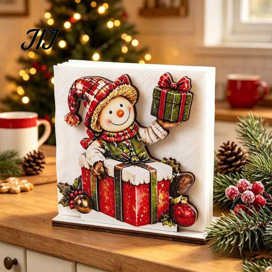 Solid Wood Tissue Dispenser Snowman Napkin Holder for Dining Table, Vertical Christmas Table Dispenser, Storage Holiday Home Decor Wooden Organizer