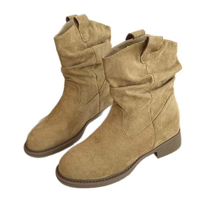 Retro round head stacking boots autumn new merard high heel western cowboy knight boots medium boots short boots