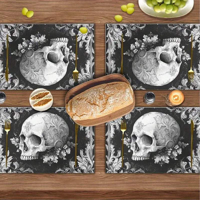 Four Elegant Gothic Skull Placemats Featuring Floral Designs - 12.0X18.0 Inch, Washable Polyester, Perfect for Table Decoration, Festive Parties, And