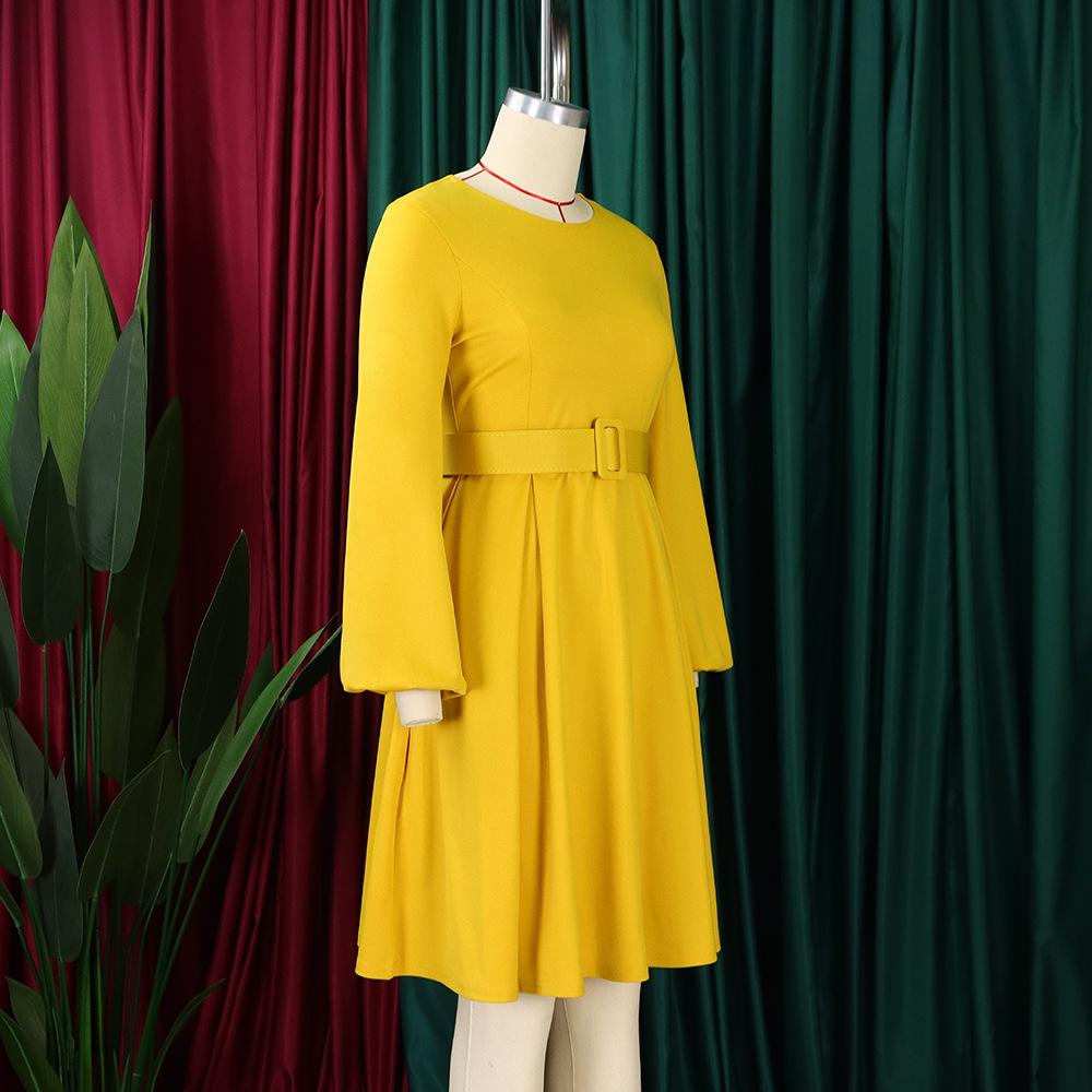 YYFS Dámská móda Jaro Podzim Jednobarevný potisk Neformální šaty s dlouhým rukávem do O-výstřihu a vysokým pasem