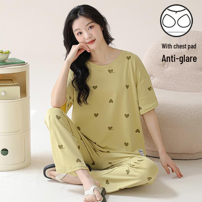 

Women s Summer Pajama Set: Short Sleeve Top & Long Pants with Chest Pad - Casual, Breathable, Two-Piece for Home or Outdoor Wear L (50-60 kg)