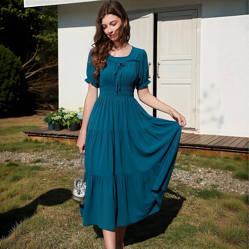 Summer Fashion Poly-cotton Square Collar Short-sleeve Midi Dress for Women Solid-color Puff Sleeve Ruffled Splice A-line Vacation Beach Dress