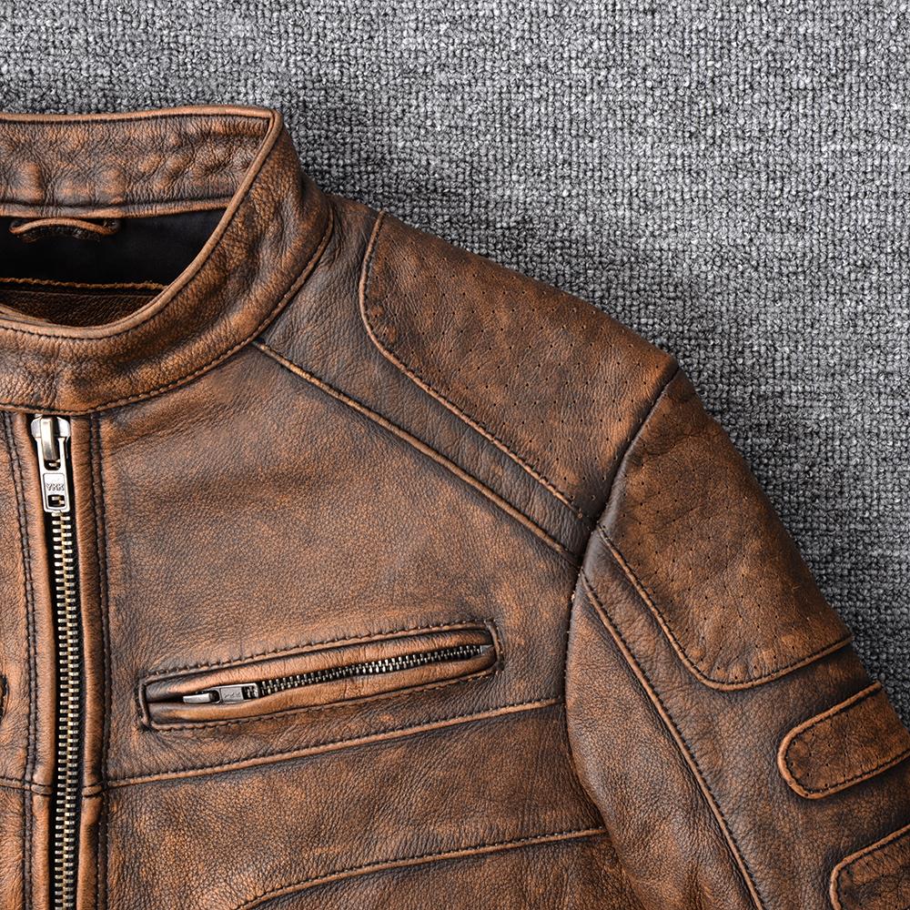 Vintage Yellow Brown Genuine Cowhide Leather Jacket Men Natural Cow Leather Jackets Soft Slim Fit Man Short Coat Autumn Clothing