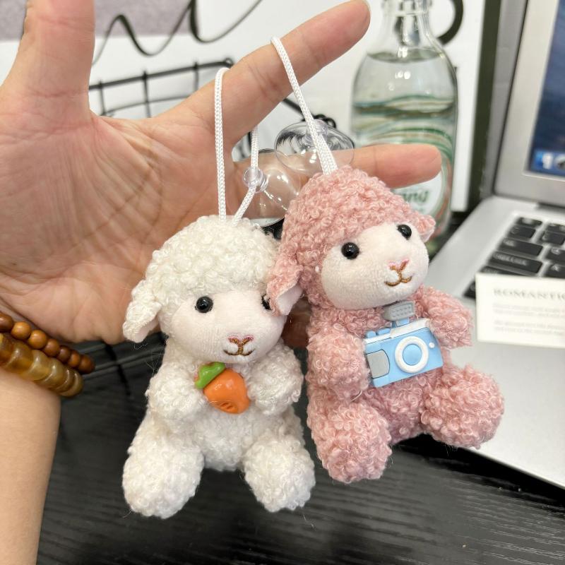 Cute Soft Plush Sheep Keychain Fluffy Straw Hat Plaid Bow 1Pcs Portable Key Ornament for Travel Backpack Decor