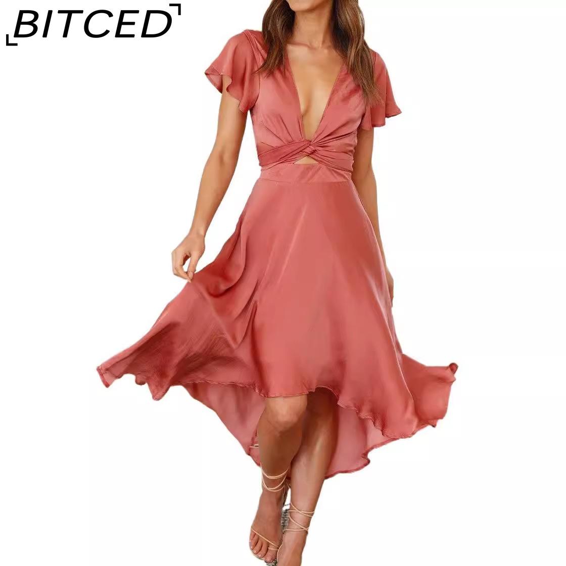BITCED Summer Sexy Feminine Short-Sleeve V-Neck Asymmetric Skirt Dress S