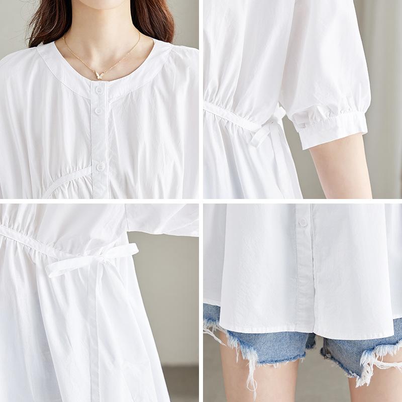 Asymmetric Pleated White Shirt for Women's Middle Sleeve Summer Round Neck Waist Doll Shirt Top Chic Style Shirt