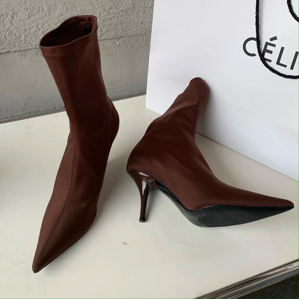 Stivali alla caviglia da donna in tessuto elasticizzato Autunno Primavera Punta appuntita sexy Tacco alto Moda Calzini da donna Scarpe con tacco a spillo